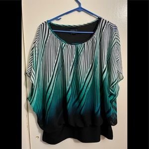 XL JM Collection Aqua, White & Navy Blue Striped Flutter Sleeve Top with Band